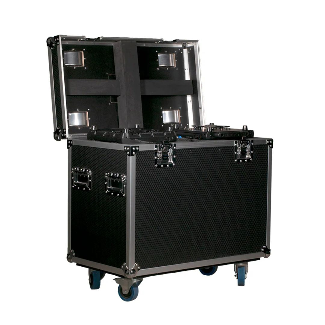 Angled front view of ADJ DRC MHX Road Case with open lid on white background