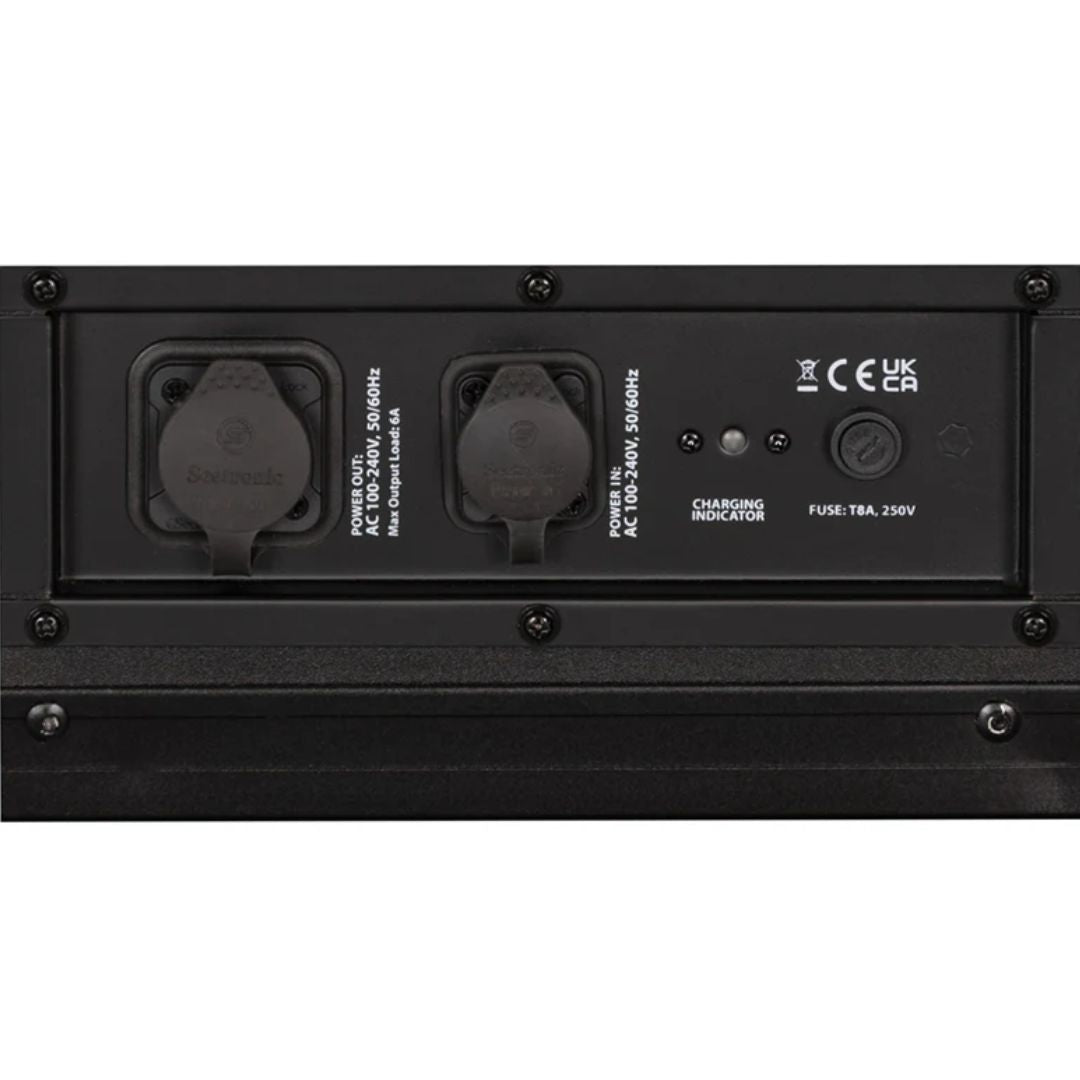 Close up view of ADJ ELE188 ElectraPix Bar 8 Pak case charging port with covers closed on white background