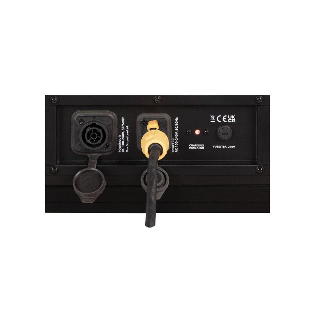 Close up view of ADJ ELE367 ElectraPix Bar 16 Pak Case Charging Port with cable attached on white background