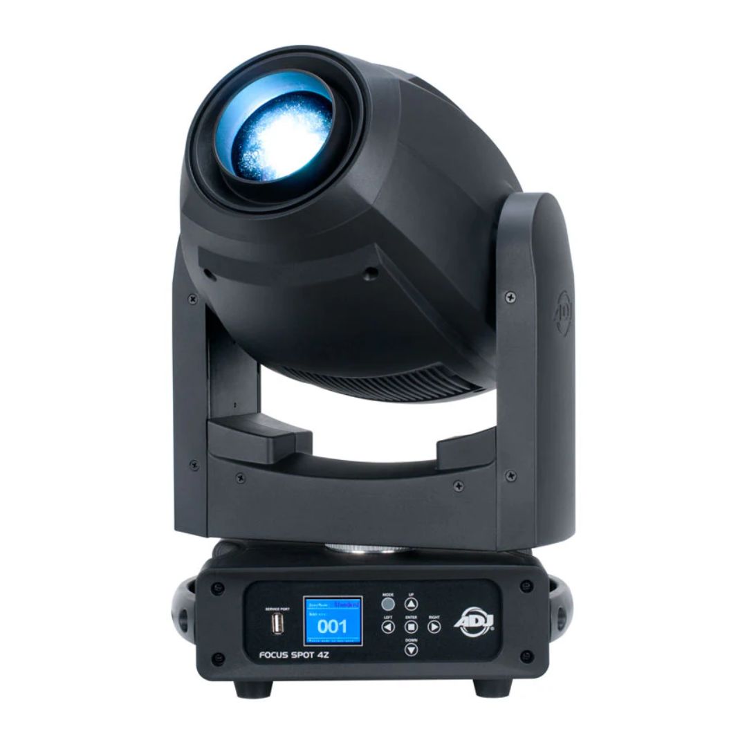 Front view of ADJ FOC200 Focus Spot 4Z 200W LED Moving Head with white light on white background