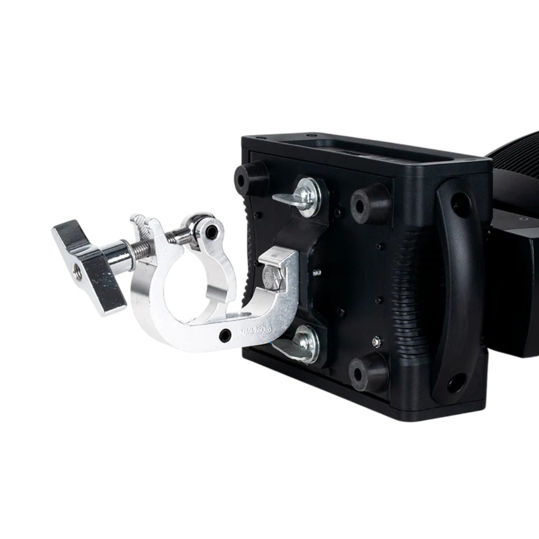 Close up view of ADJ FOC520 Focus Spot 5Z 200W LED Moving Head Clamp on white background