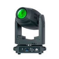 Front view of ADJ FOC635 Focus Spot 6Z 300W LED Moving Head with green light on white background