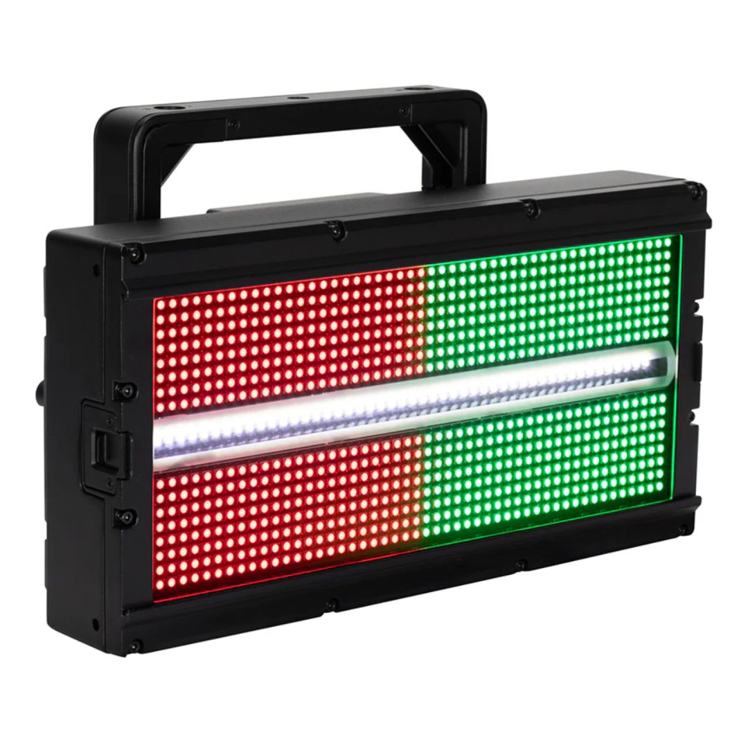 Angled front view of ADJ JOL698 Jolt Panel FXIP with red, green, and white lights on white background