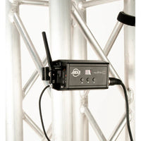ADJ MYD540 mydmx GO Lighting Control System mounted on metal bars on white background
