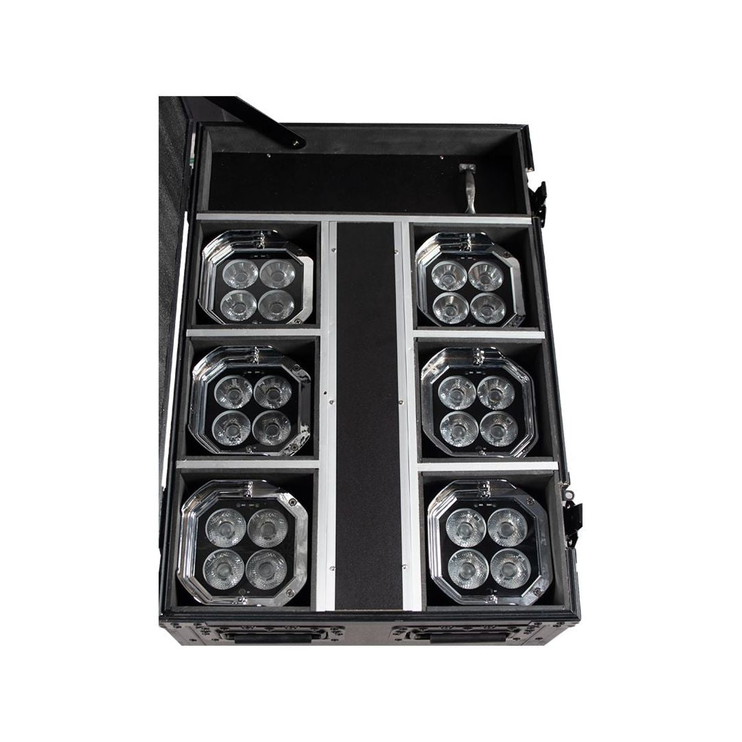 Top view of ADJ Mirage Q6 Pak Black Case with Lights inside on white background