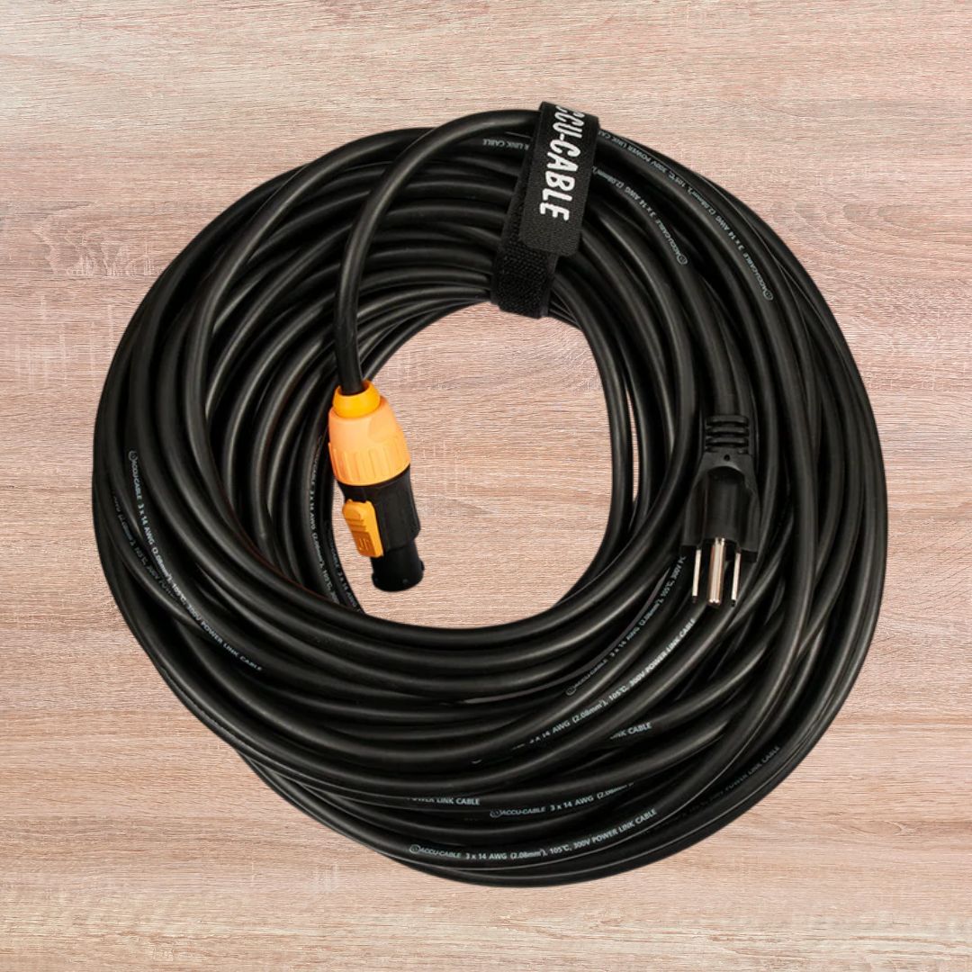 Top view of ADJ SIP271 100FT IP65 Main Power Cable on wooden background