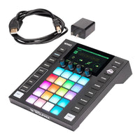 Top view of ADJ WMX1 Mk2 DMX Lighting Controller with cable and adapter on white background