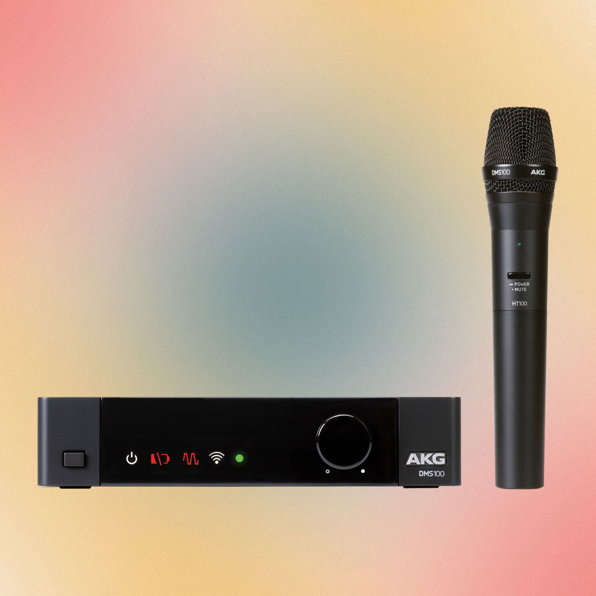Inclusions of AKG DMS100 Wireless Microphone Set on multicolored background