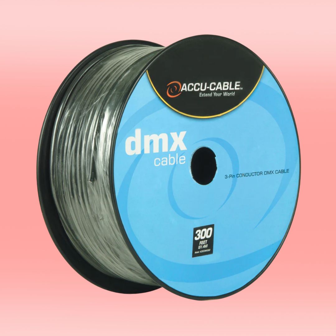 Angled front view of Accu-Cable 3-Pin DMX Cable Spool (300') on pink background