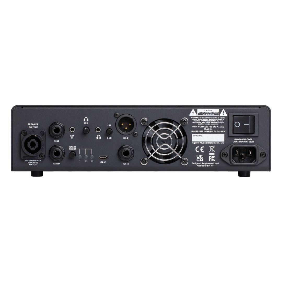Rear view of Aguilar Tone Hammer 500 Bass Amp Head on white background