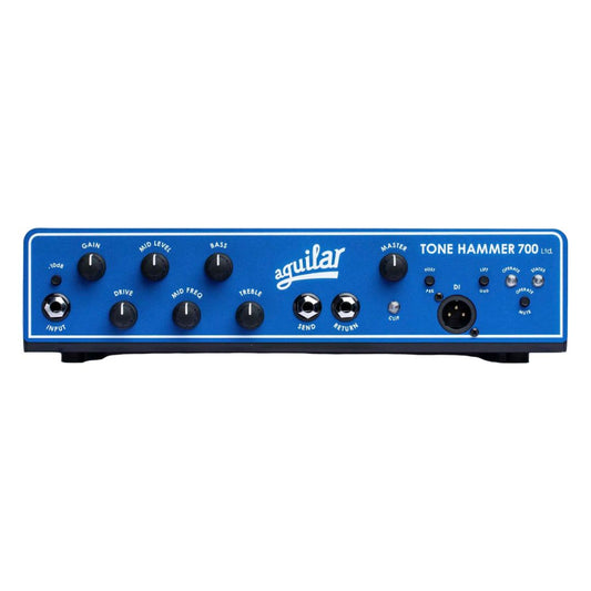 Front view of Aguilar Tone Hammer 700 Limited Edition Blue Bronco Bass Amp Head on white background