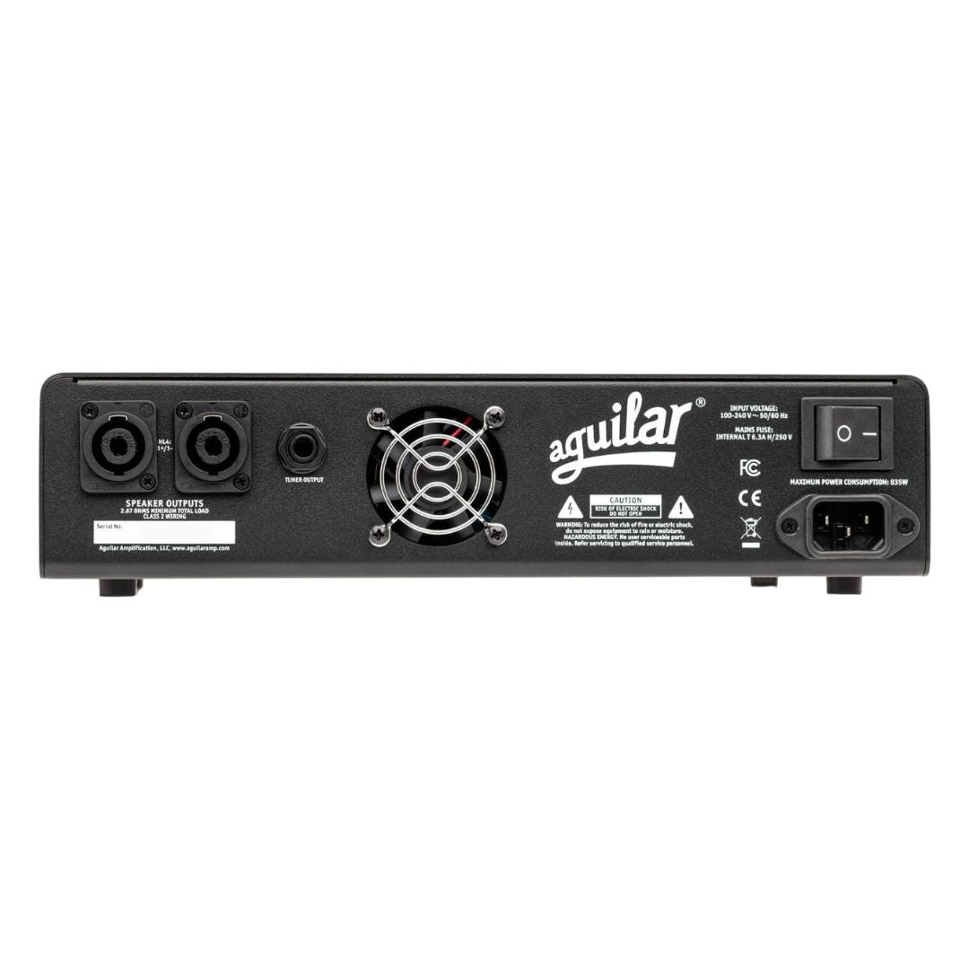 Rear view of Aguilar Tone Hammer 700 Limited Edition Blue Bronco Bass Amp Head on white background