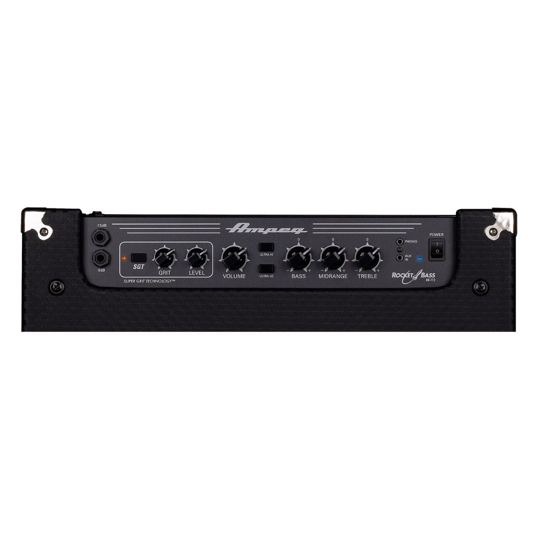 Top view of the control panel of Ampeg Rocket Bass RB-112 Bass Combo Amp on white background