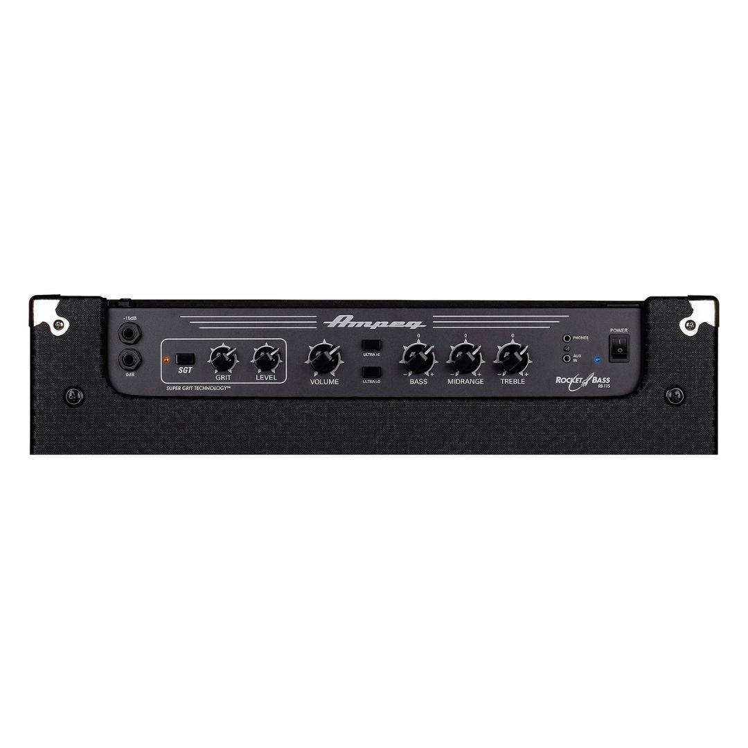 Top view of control panel of Ampeg Rocket Bass RB-115 Bass Combo Amp on white background