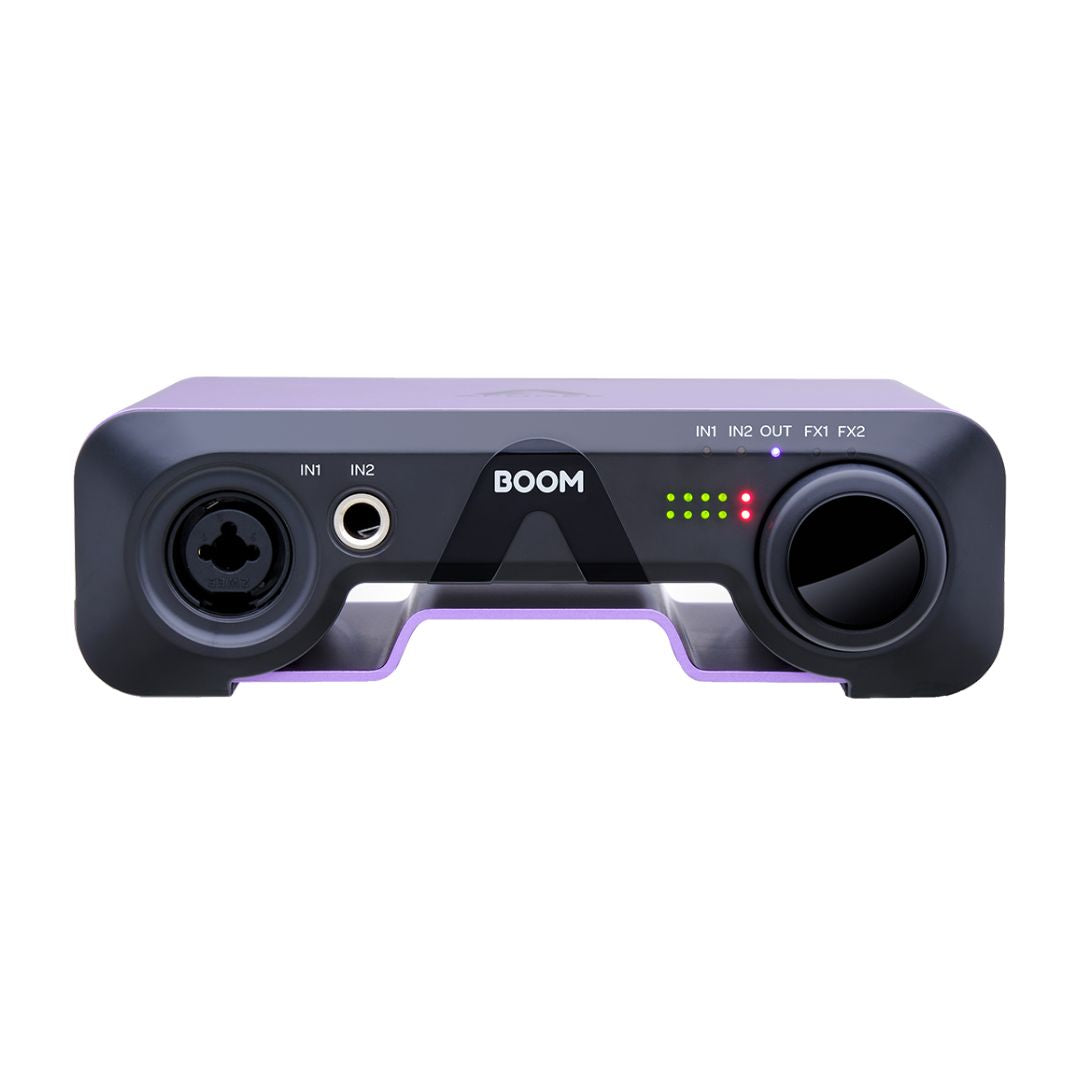 Audio interface with 'BOOM' branding on a white background