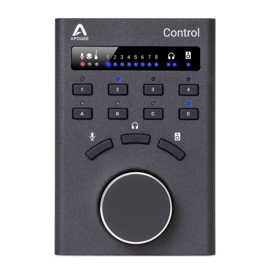 Apogee Control audio interface with control panel and display on a white background