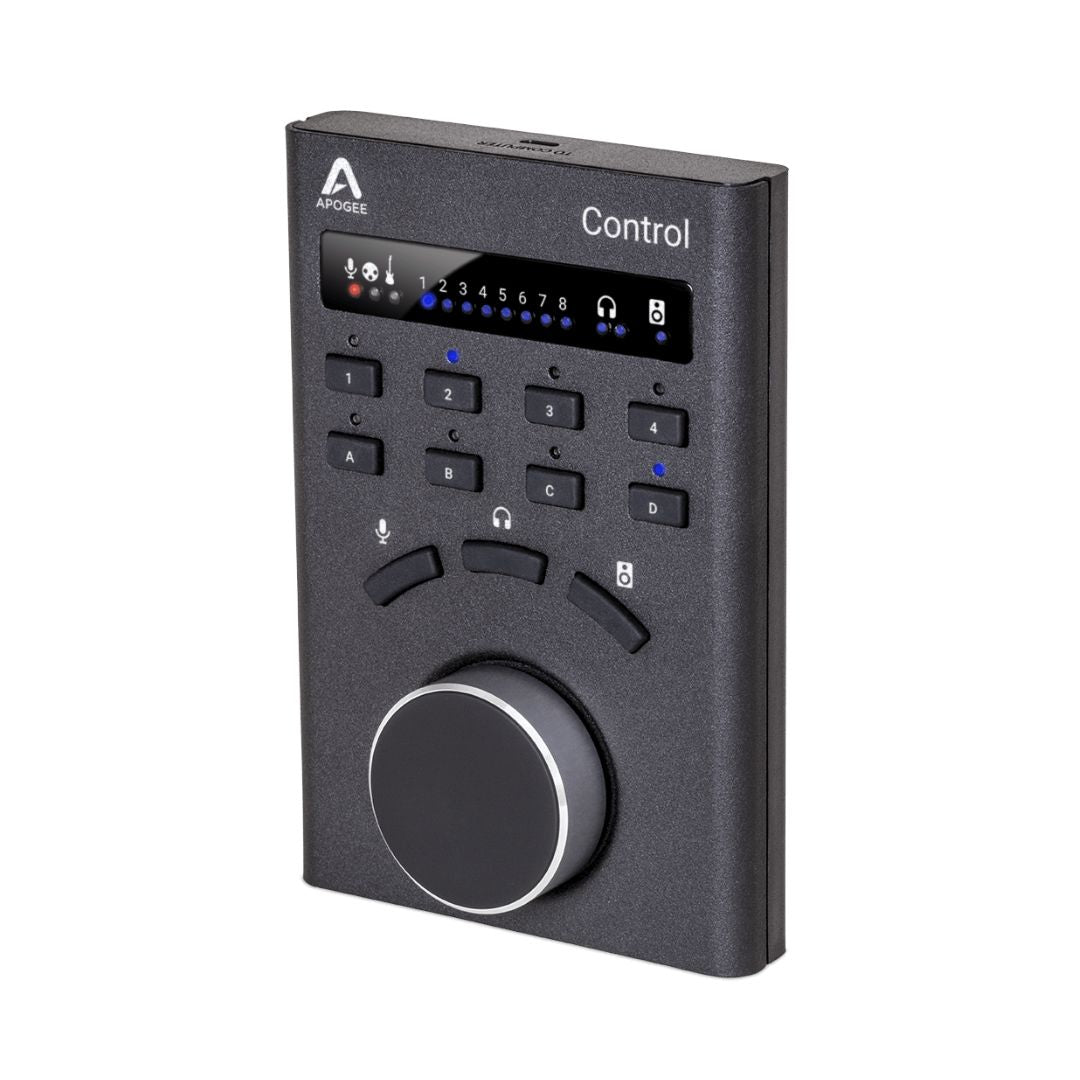 Black control panel with buttons and display on a white background