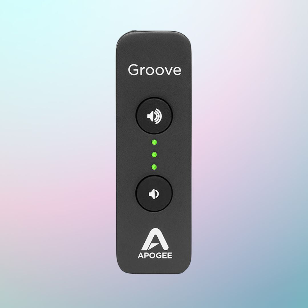 Black audio device with 'Groove' and 'Apoogee' branding on a gradient background