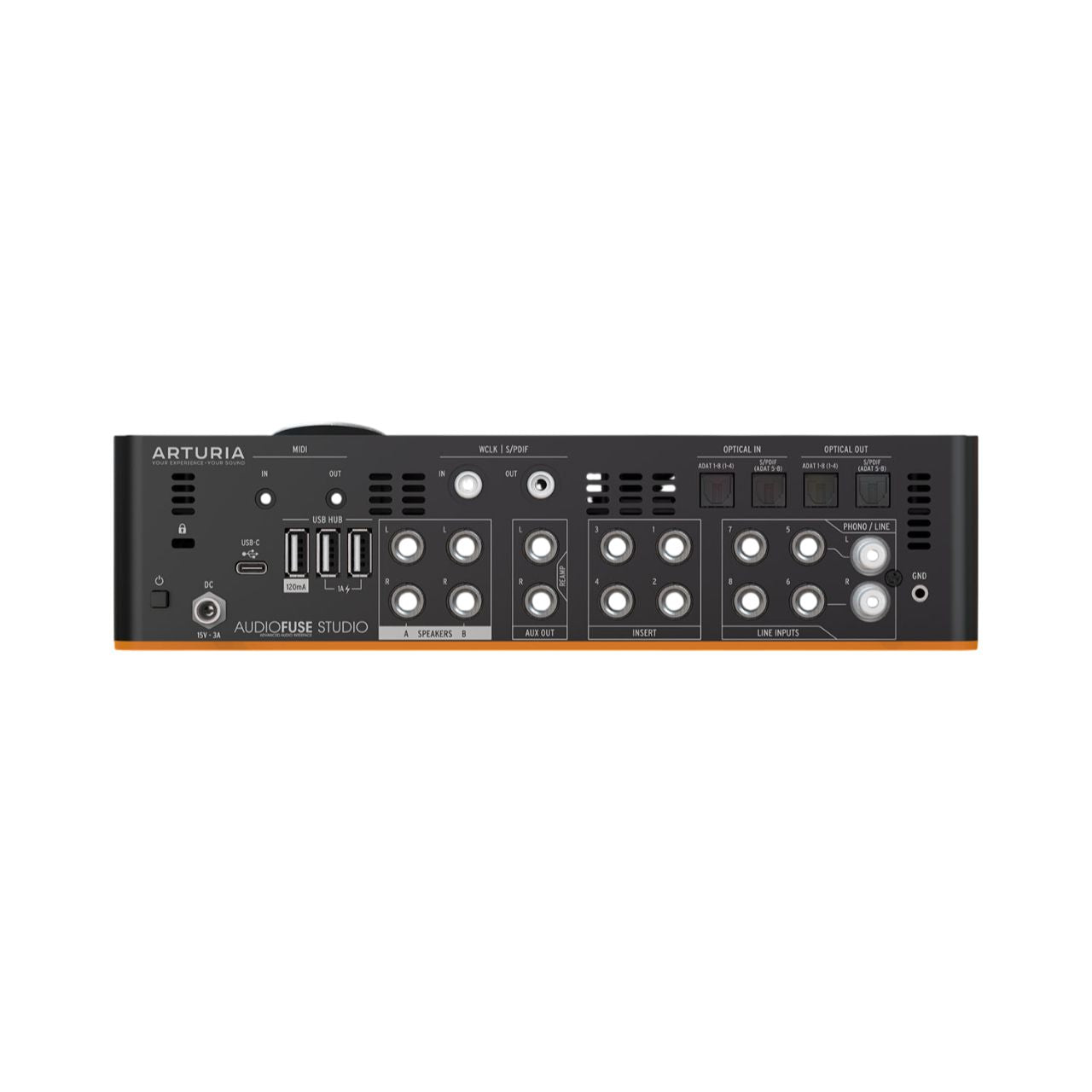 Rear ports view of Arturia AudioFuse Studio Audio Interface on white background