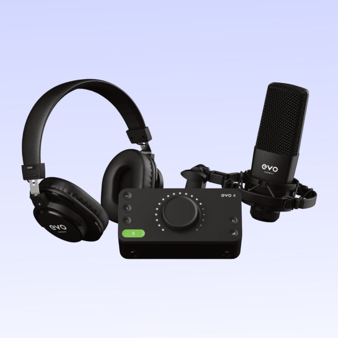 Front view of entire Audient EVO Start Recording Bundle on lilac background