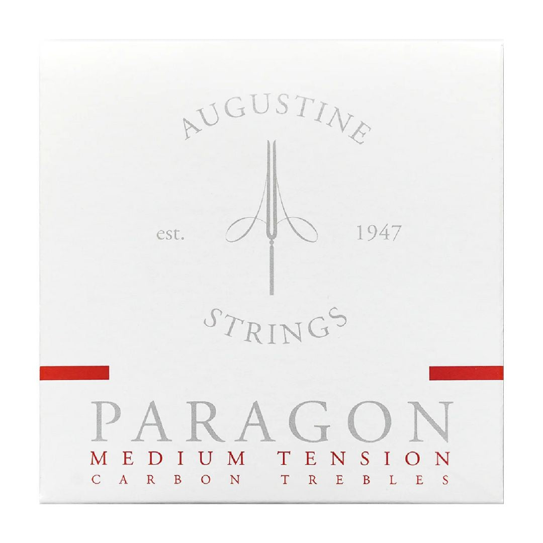 Box of Augustine Strings Paragon Medium Tension Carbon Trebles on a white background