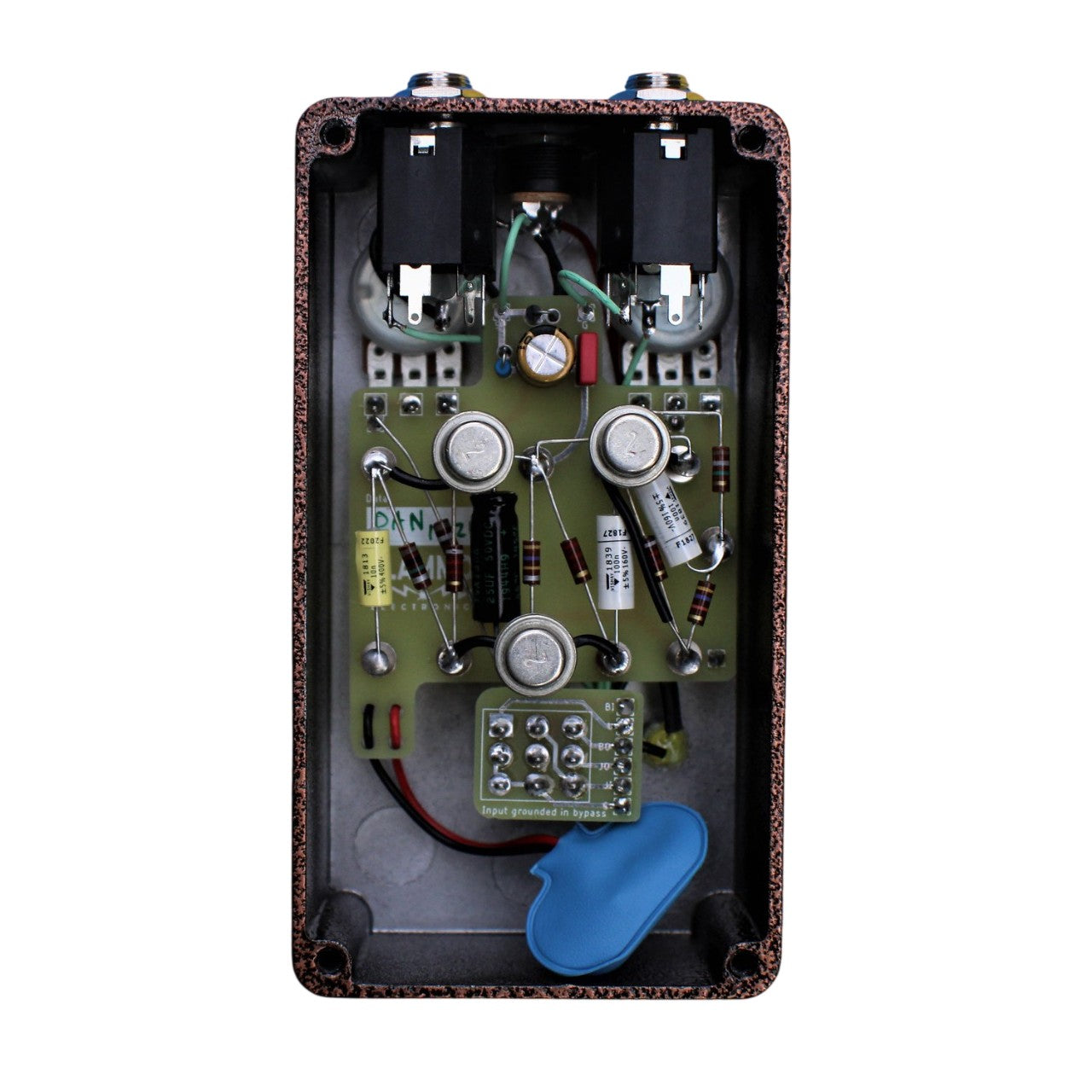 Internals view of BLAMMO! Electronics P2P Tone Bender MKi Pedal on white background