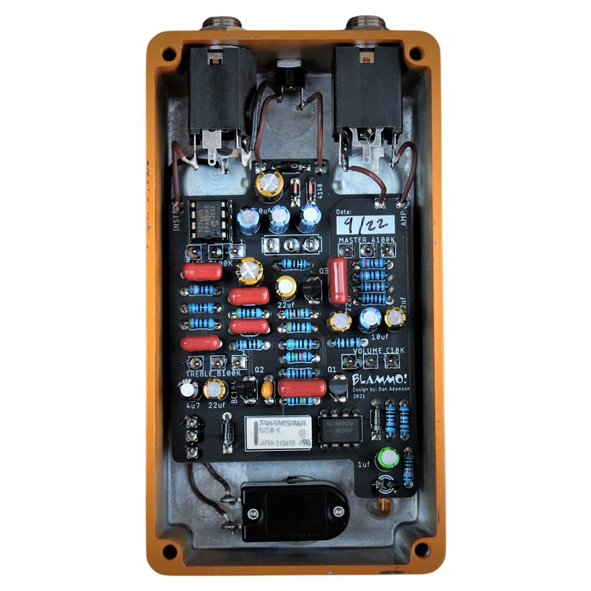 Internals view of BLAMMO! Voltage Booster Pedal on white background