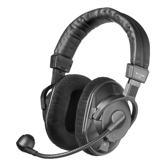 Black gaming headset with microphone on a white background