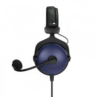 Black headset with blue ear cup on a white background