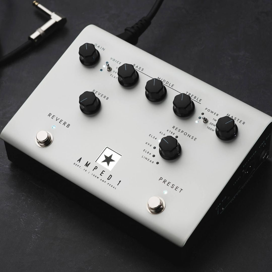Angled top view of Blackstar AMPED 1 100W Guitar Amplifier Pedal on with cables around on dark surface
