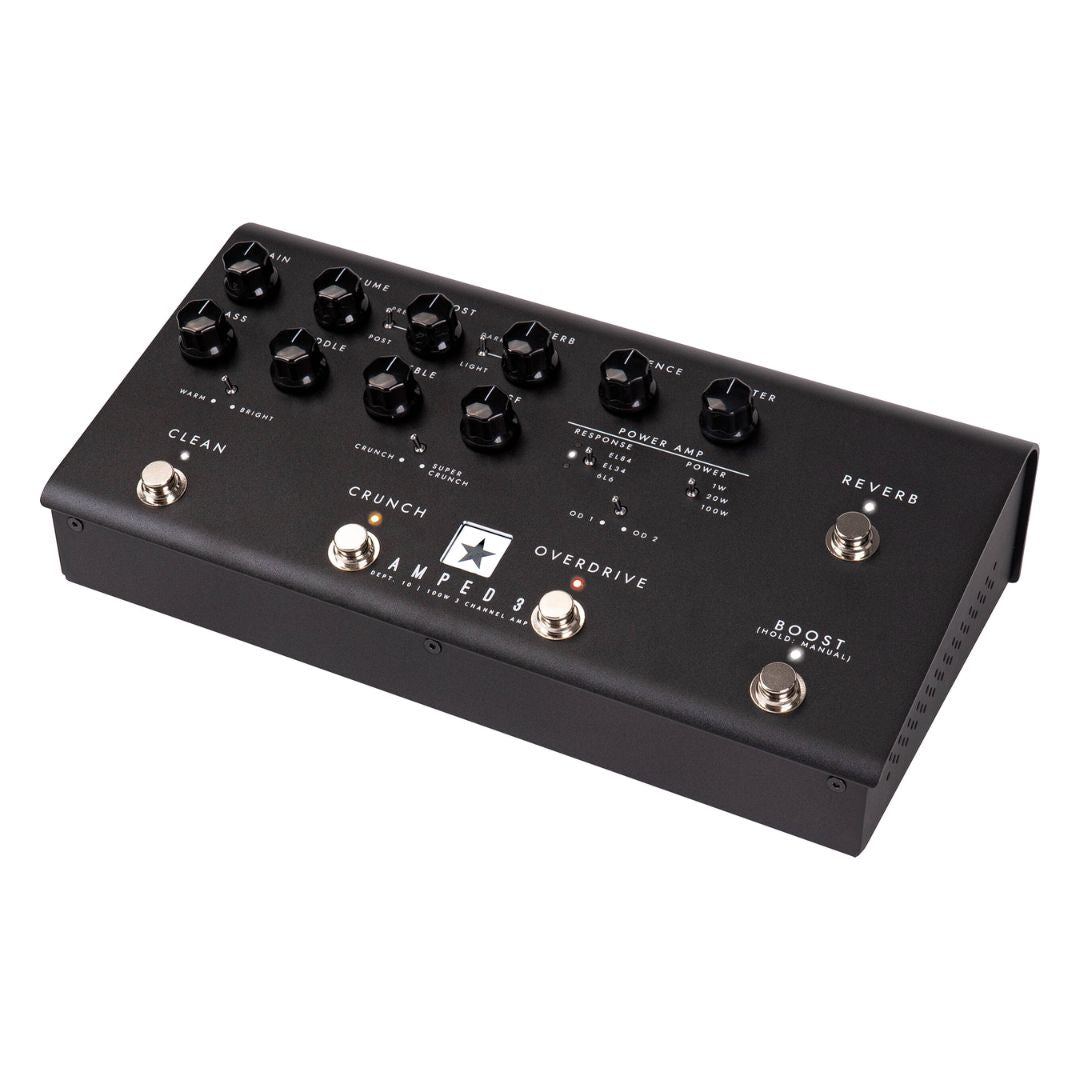 Angled view of Blackstar AMPED 3 100W Guitar Amplifier Pedal on white background