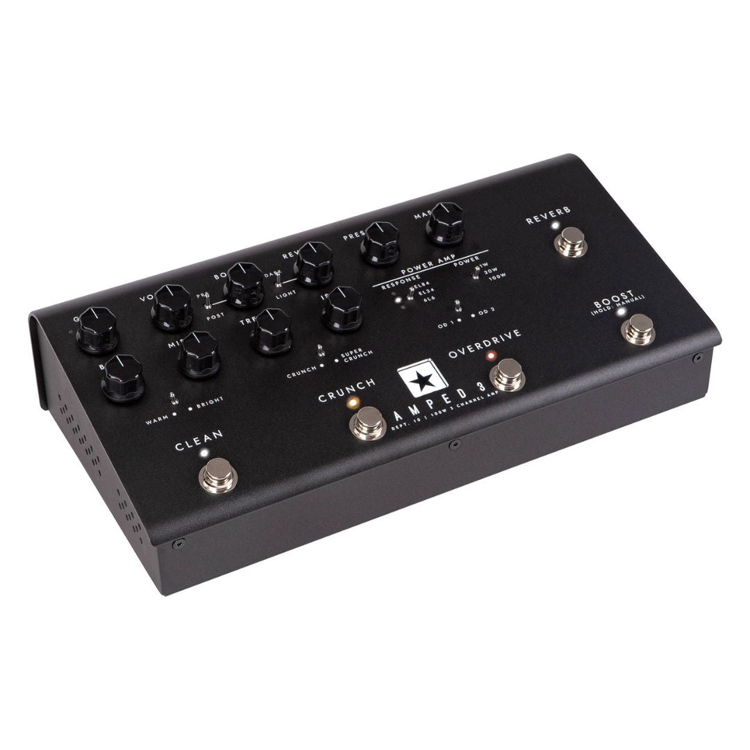 Angled view of Blackstar AMPED 3 100W Guitar Amplifier Pedal on white background