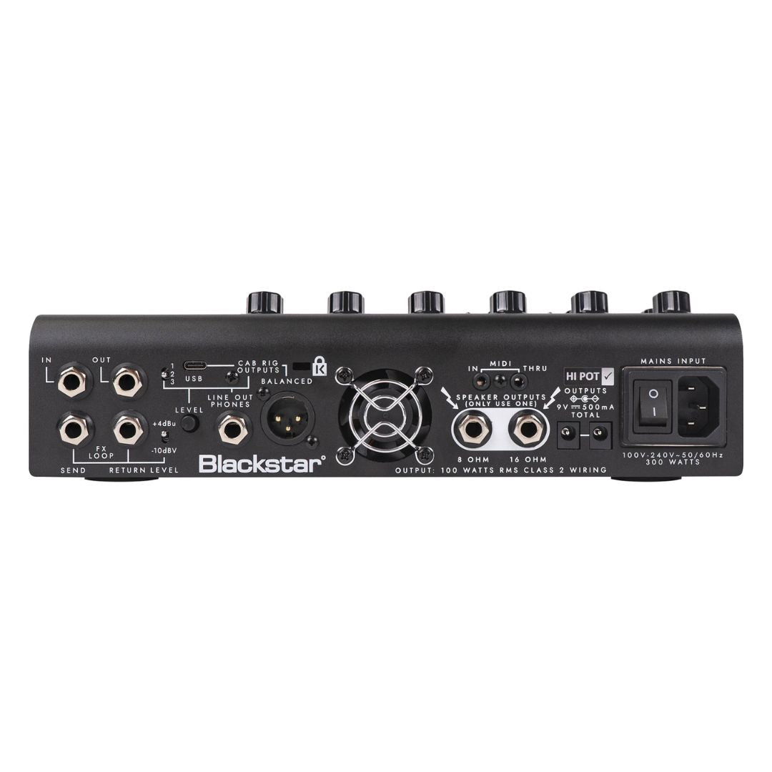 Rear view of Blackstar AMPED 3 100W Guitar Amplifier Pedal on white background