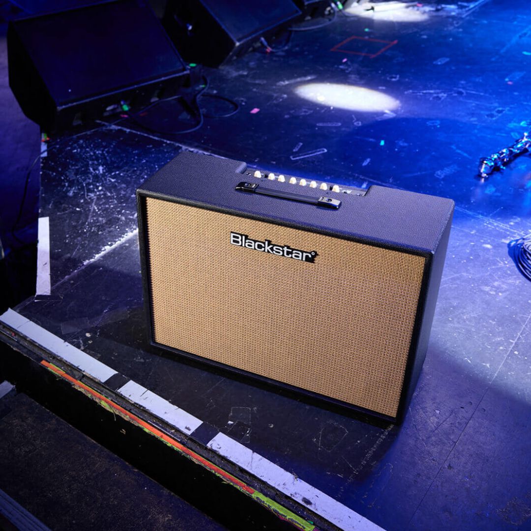 Angled top view of Blackstar Debut 100R 212 Combo Amplifier Black on stage