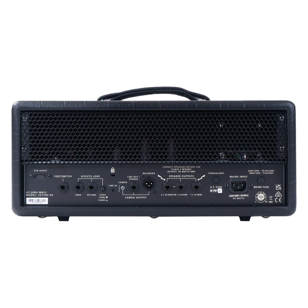 Rear view of Blackstar HT-20RH MK III Guitar Amp Head on white background