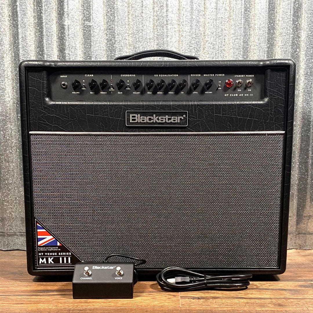 Front view of Blackstar HT Club 40 MK III Combo Amplifier on wooden floor with silver background