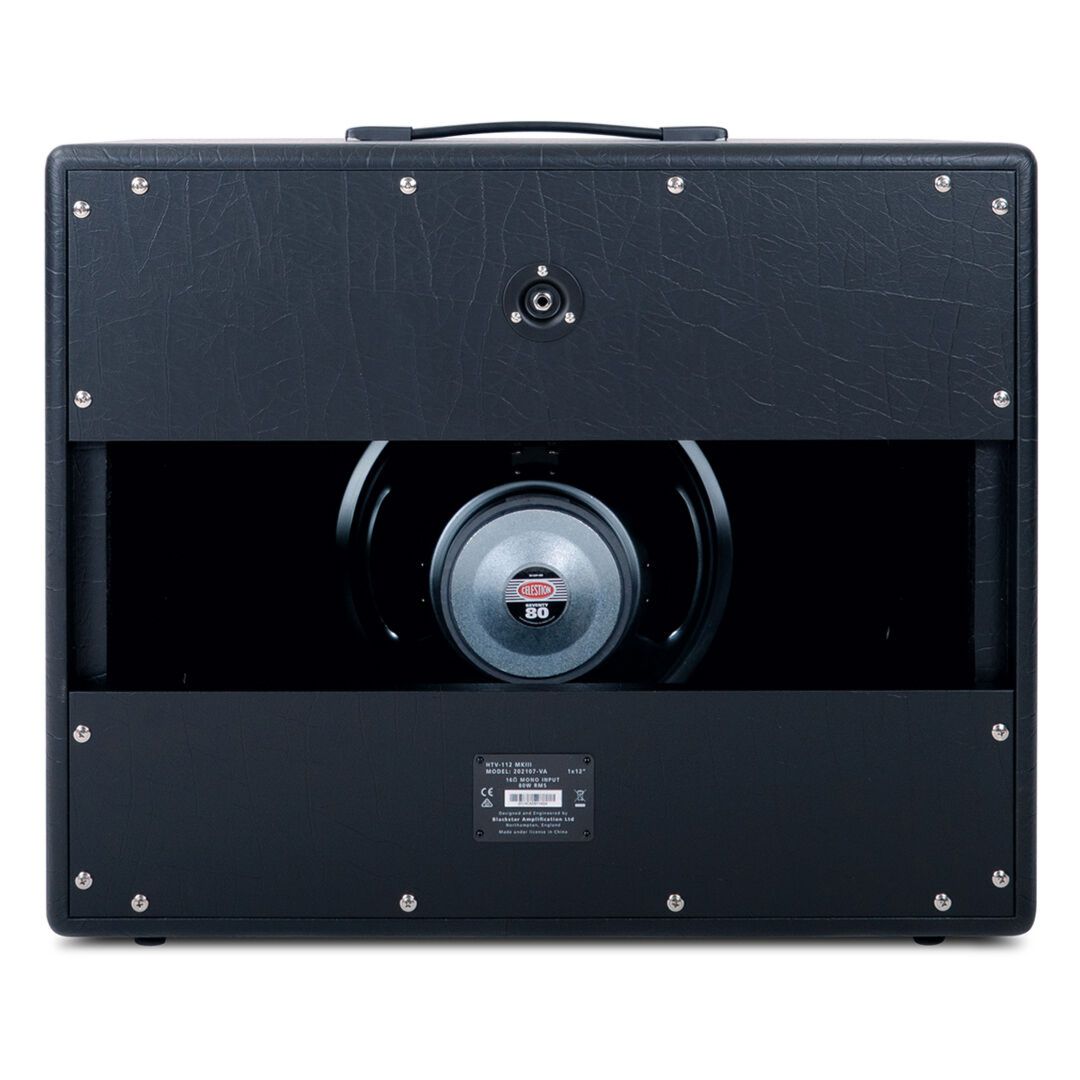Rear view of Blackstar HTV-112 MK III Guitar Cabinet on white background