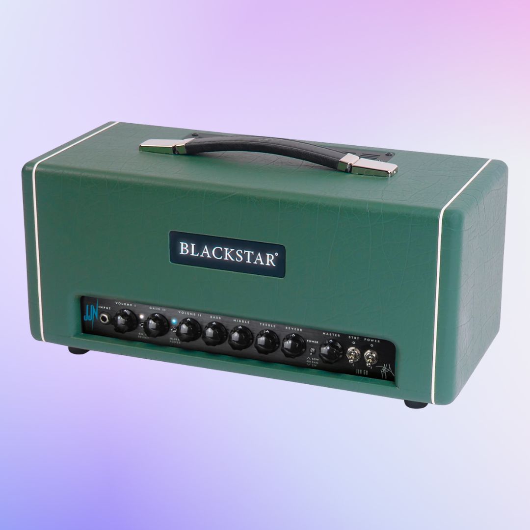 Angled view of Blackstar JJN 50 Jared James Nichols 50W Guitar Amp Head on gradient purple background