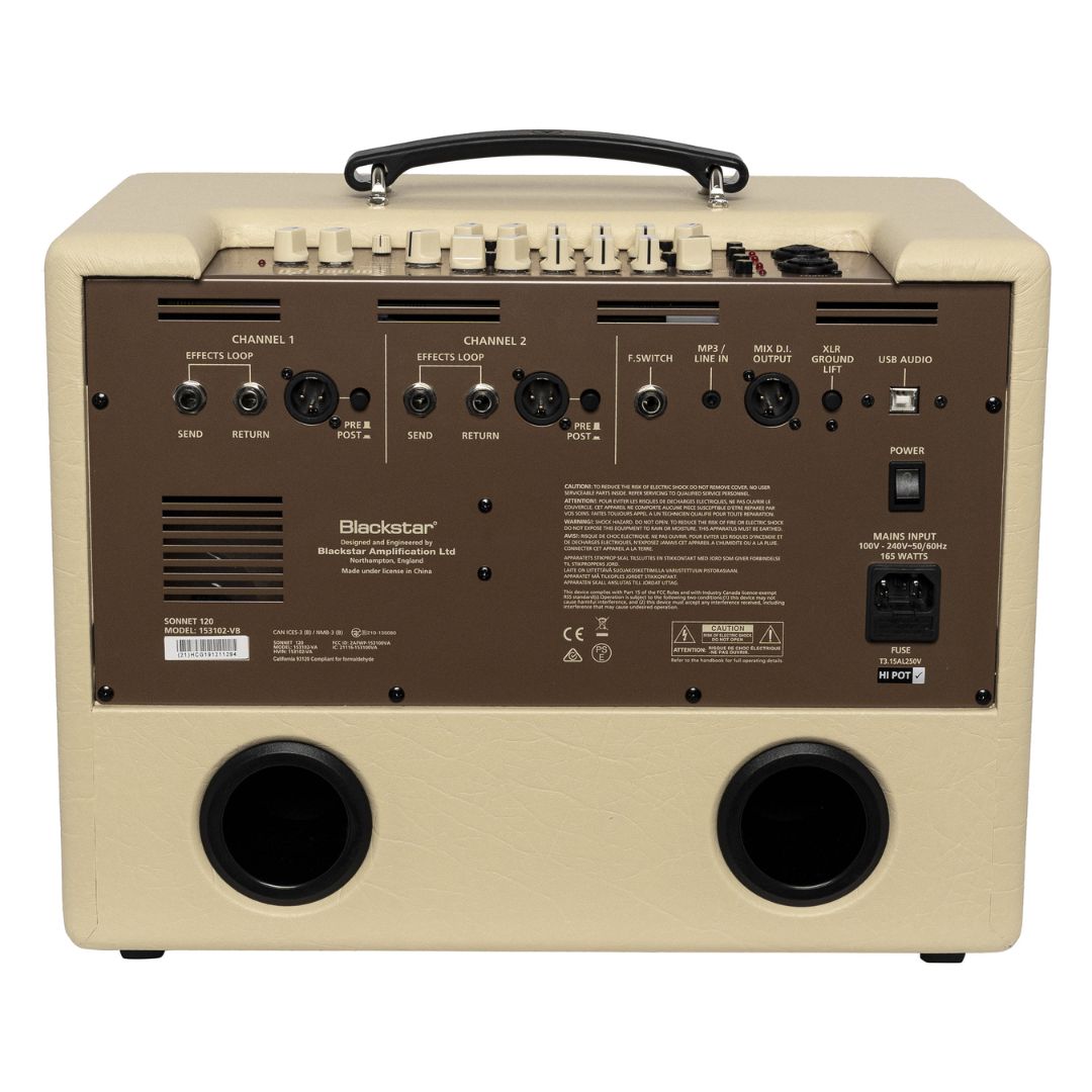 Rear view of Blackstar Sonnet 120 Acoustic Guitar Amplifier Blonde on white background