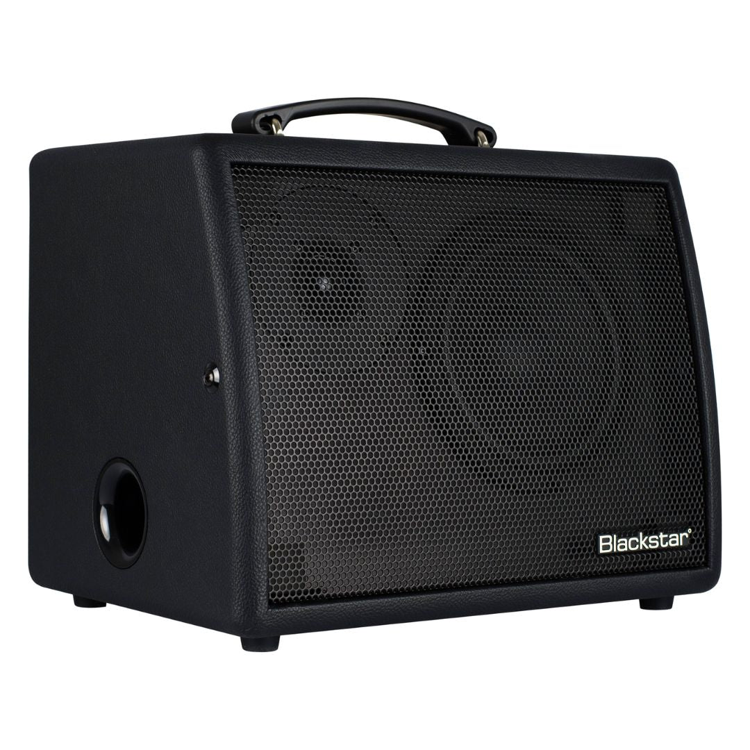 Angled view of Blackstar Sonnet 60 Acoustic Guitar Amplifier Black on white background