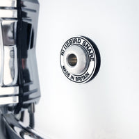 Close up view of British Drum Co. Bluebird Snare Drum badge