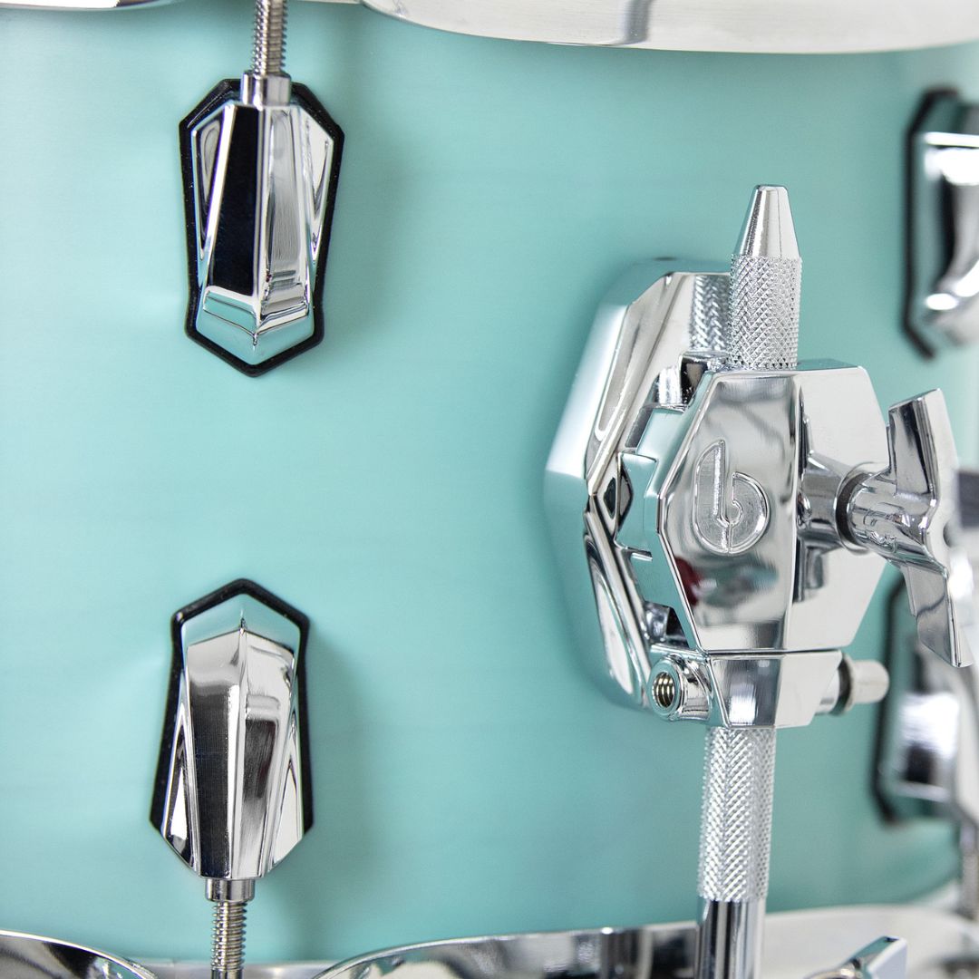 Close up view of British Drum Co. Enigma Tom Satin Teal displaying its hardware