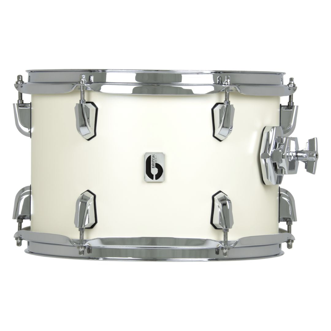 Front view of British Drum Co. Enigma Tom Drum Olde English White 14" x 14" on white background