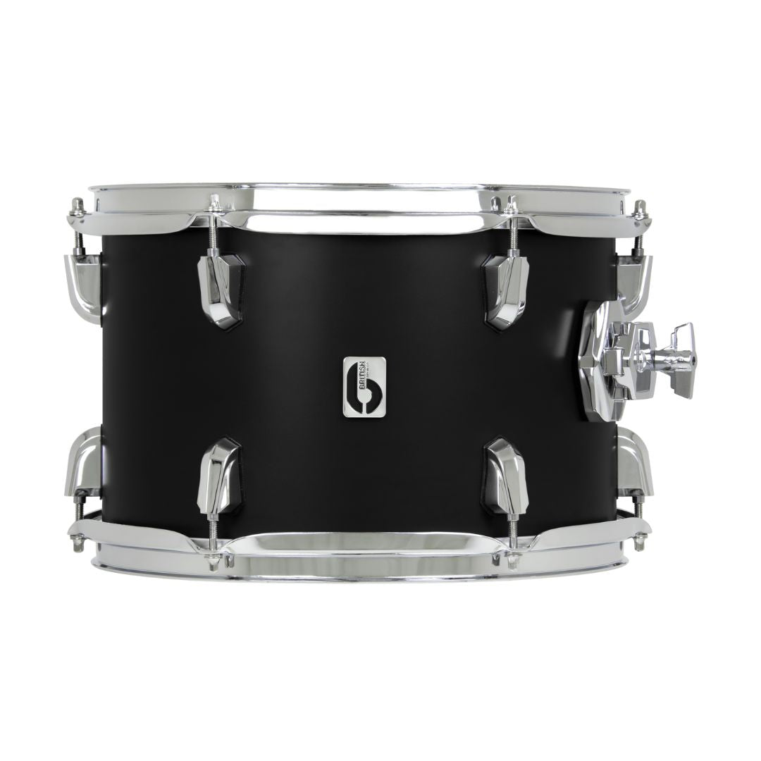 Front view of British Drum Co. Enigma Tom Drum Satin Black 10" x 7" on white background