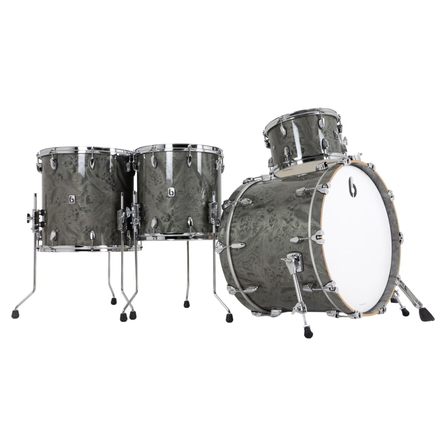 Angled view of British Drum Co. Legend Series 22" Fusion Kit Sterling Silver on white background