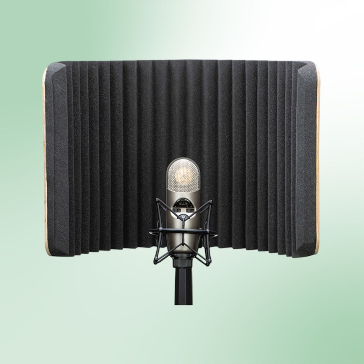 Front view of CAD Audio AS50 Acousti-Shield Deluxe Stand Mounted Acoustic Enclosure with mic mounted on green background