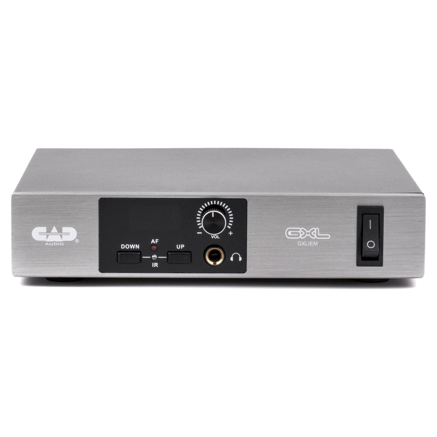 Front view of transmitter of CAD Audio GXLIEM Single-Mix Wireless IEM System on white background