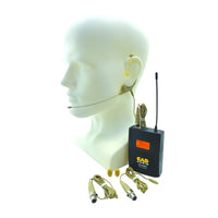 Angled view of CAD Audio WX19 Earworn Microphone attached to wireless transmitter on mannequin head with replacement cables and mic wind screens beside it on white background