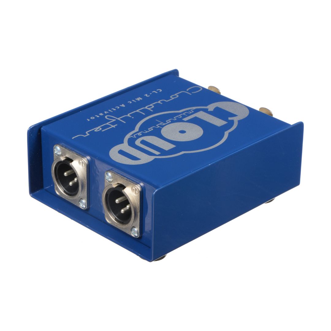 Blue audio interface with XLR connectors on a white background