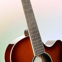 Close up view of Cort Exotic-SFX Myrtle Acoustic Electric Guitar on multicolored background